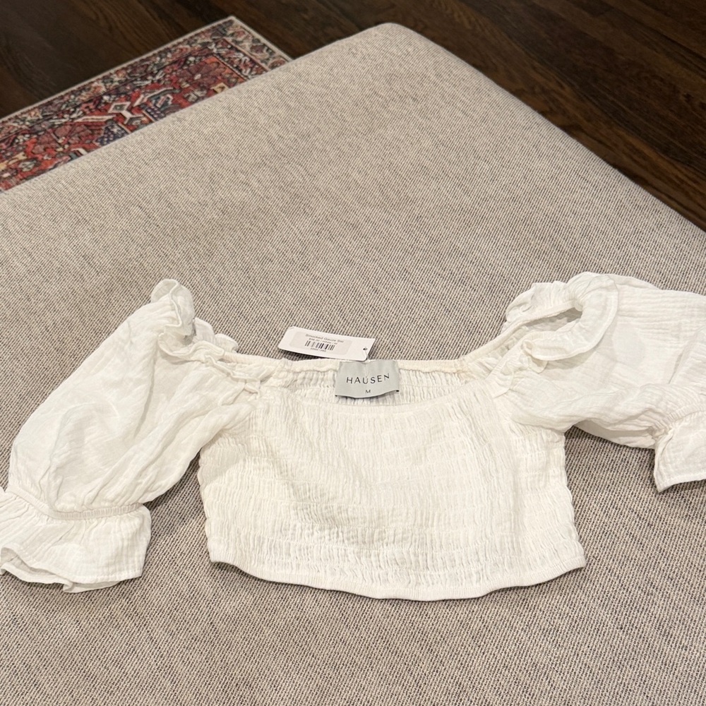 Hausen White Smocked Off-Shoulder Crop Top with Puff Sleeves